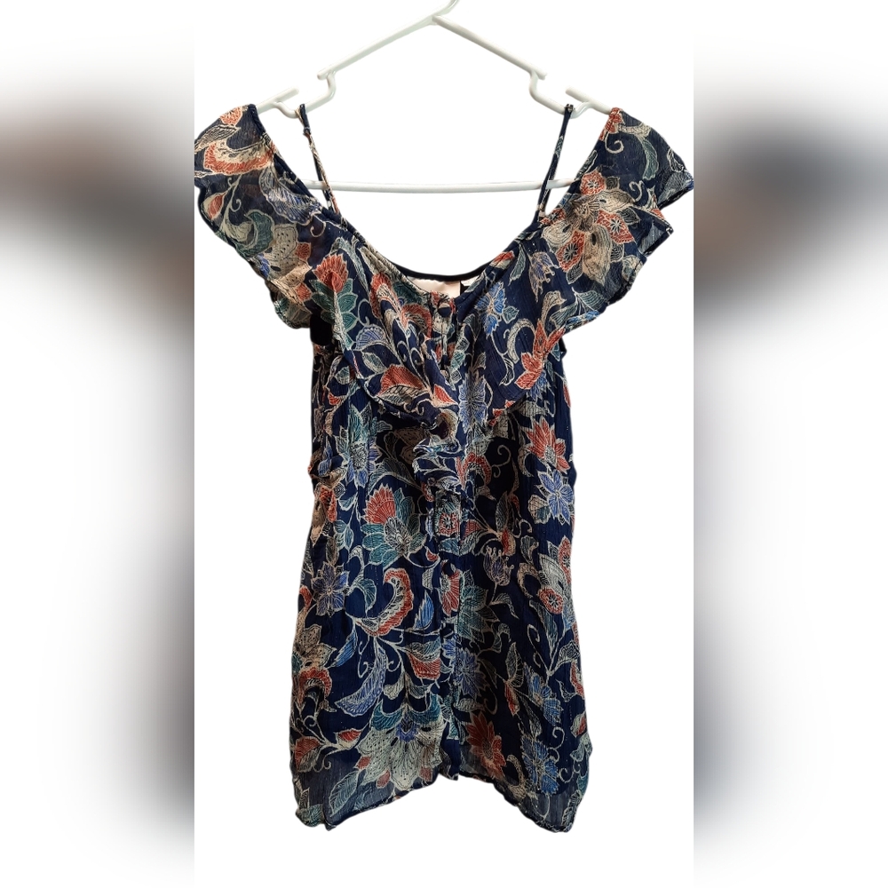 Maeve Anthropologie Top Womans 4 Blue Paisley Off-Shoulder Metallic Ruffle